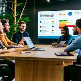 The image depicts a fortune 500 forestry companys office environment, with a sleek desk featuring a hightech computer displaying a vibrant, interacti