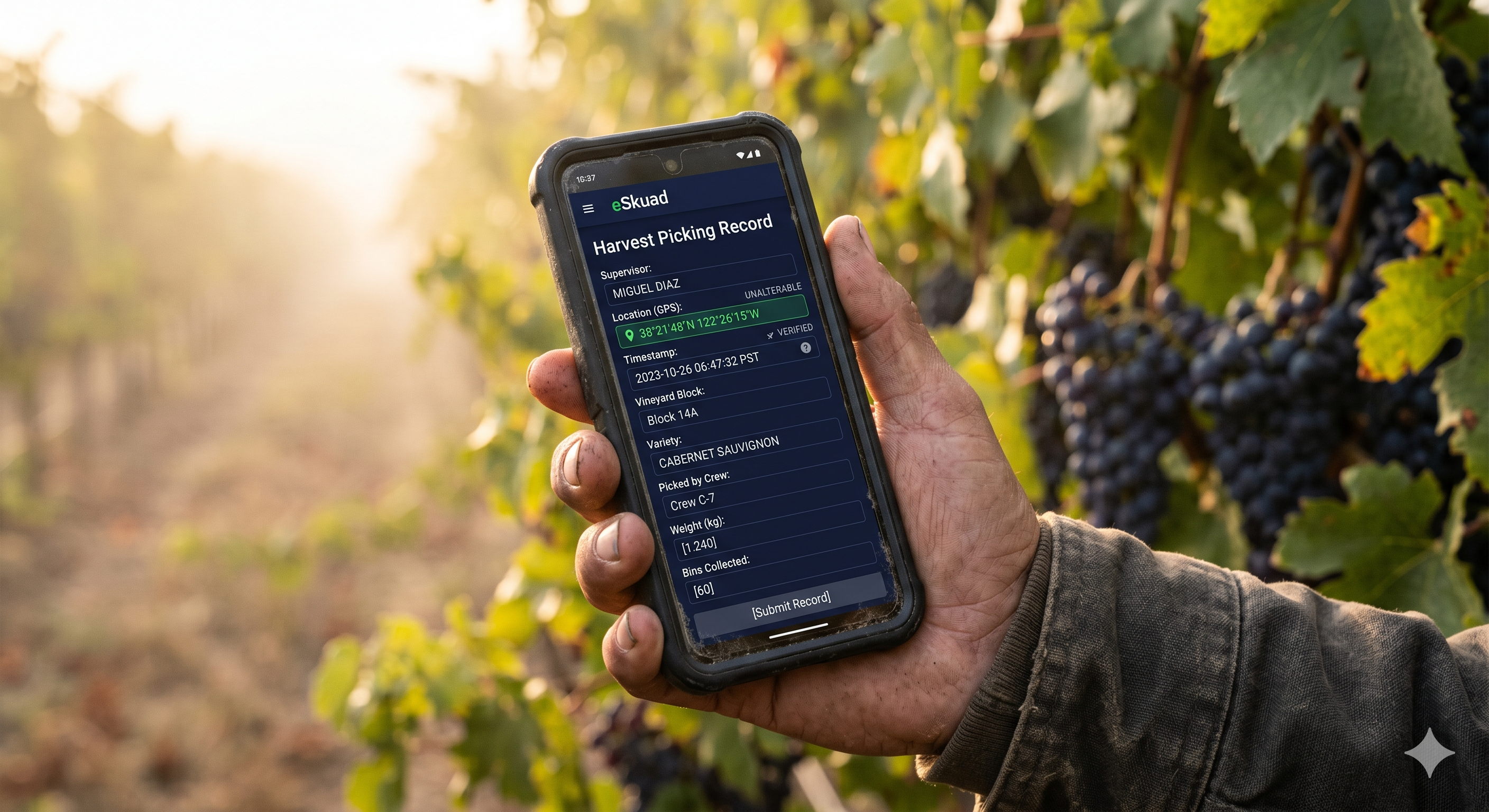 Close-up of an agricultural worker using eSkuad's offline-first mobile app to log harvest data and GPS compliance coordinates in a remote vineyard.