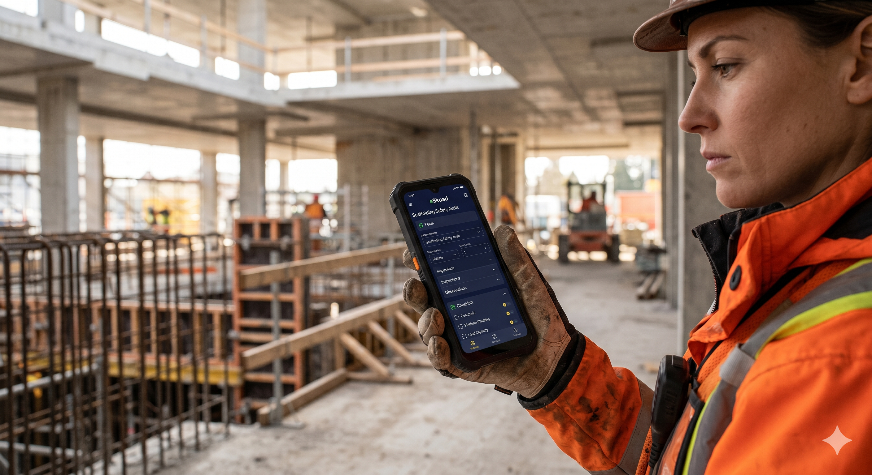 Construction site supervisor using eSkuad's offline-first app inside a reinforced concrete structure, capturing safety data in a zero-signal zone.