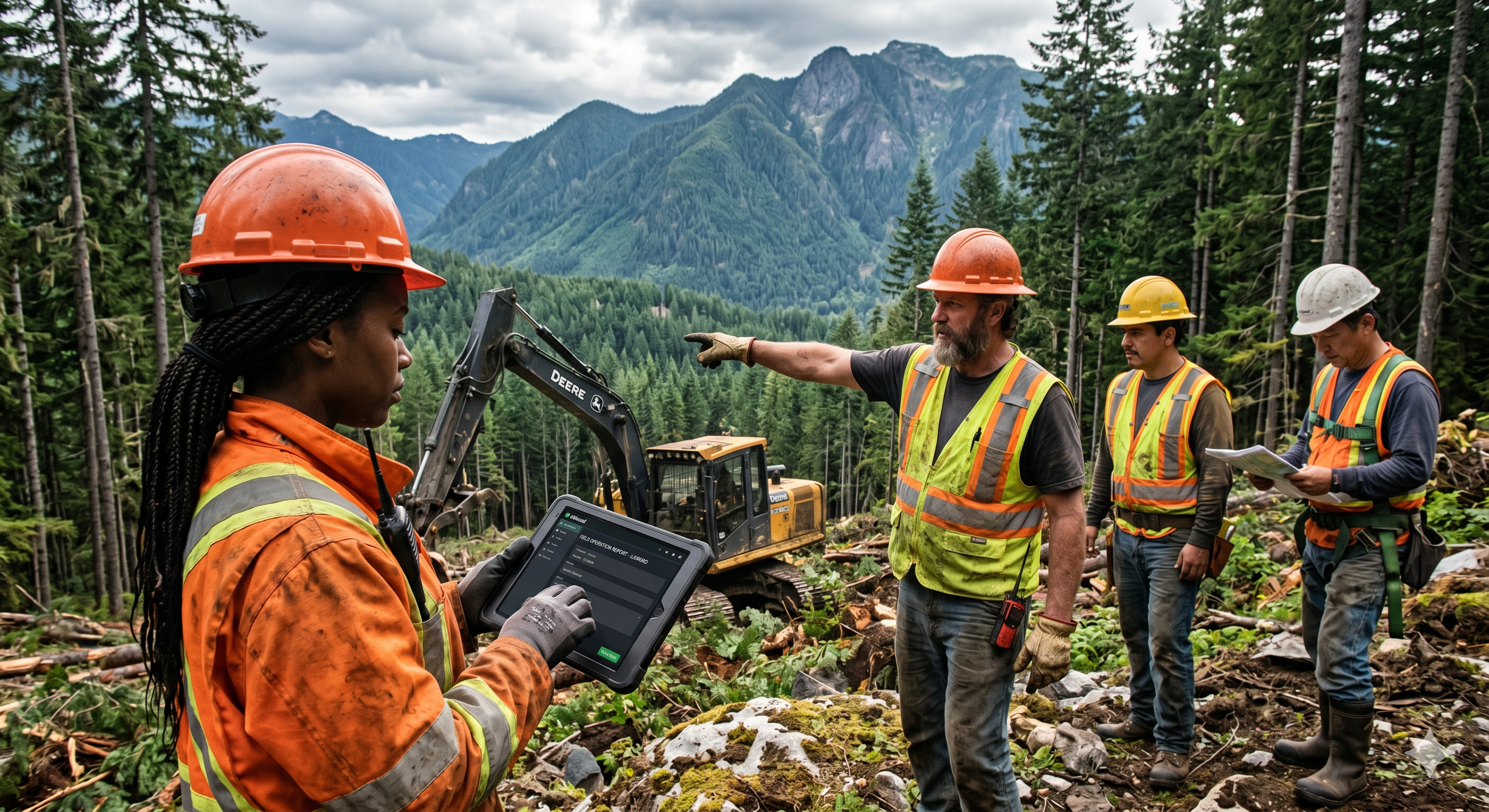 A diverse team of forestry workers in high-visibility gear using the eSkuad offline-first app on a tablet to capture real-time data in a rugged, remote forest landscape, demonstrating bravery and grit.