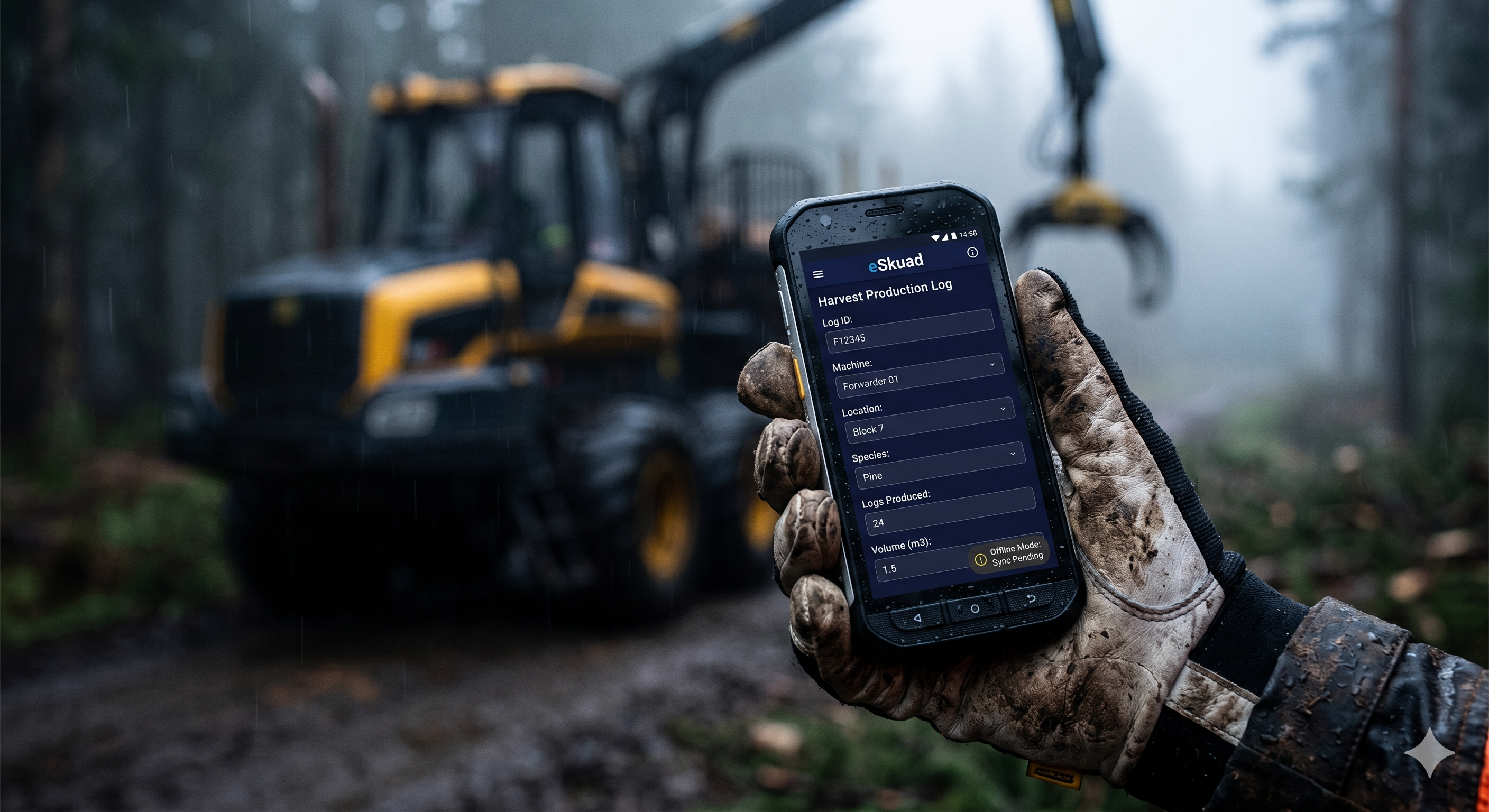 Primer plano de un trabajador en un bosque bajo la lluvia utilizando la app offline-first de eSkuad en un dispositivo adaptado para registrar datos de producción, a pesar de la falta de conectividad.