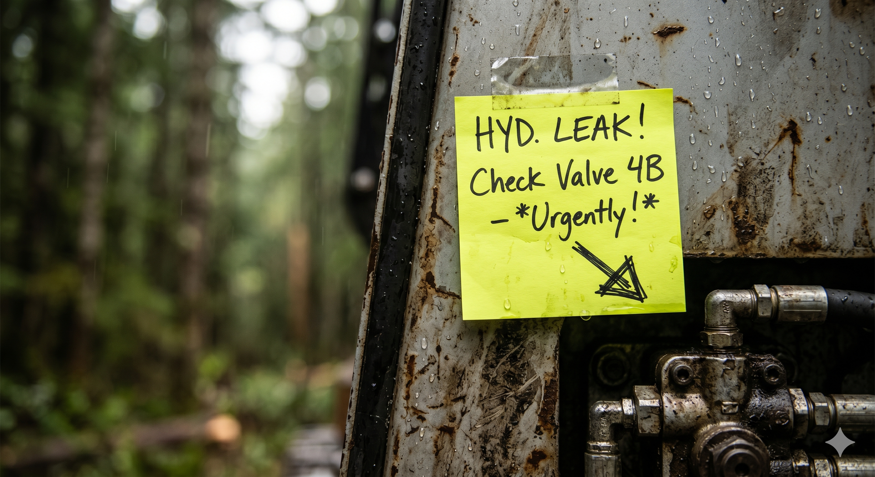 A handwritten sticky note reminder stuck to dirty, wet industrial machinery in a remote forest, illustrating an operational Pillo Hack workaround.