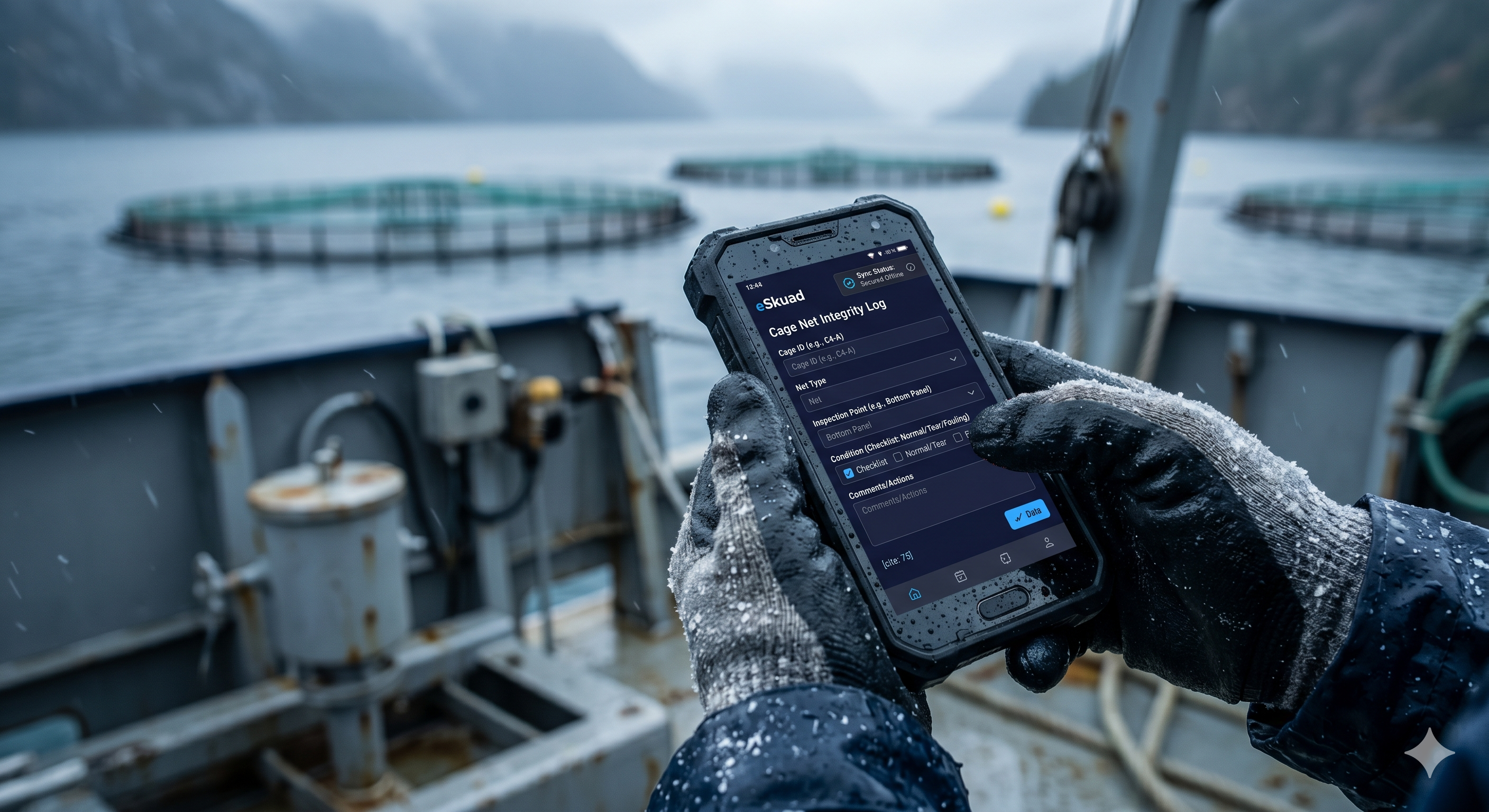 Primer plano de un tripulante utilizando la app offline-first de eSkuad en la cubierta mojada de un barco para registrar datos de mantenimiento de jaulas en un entorno sin señal.