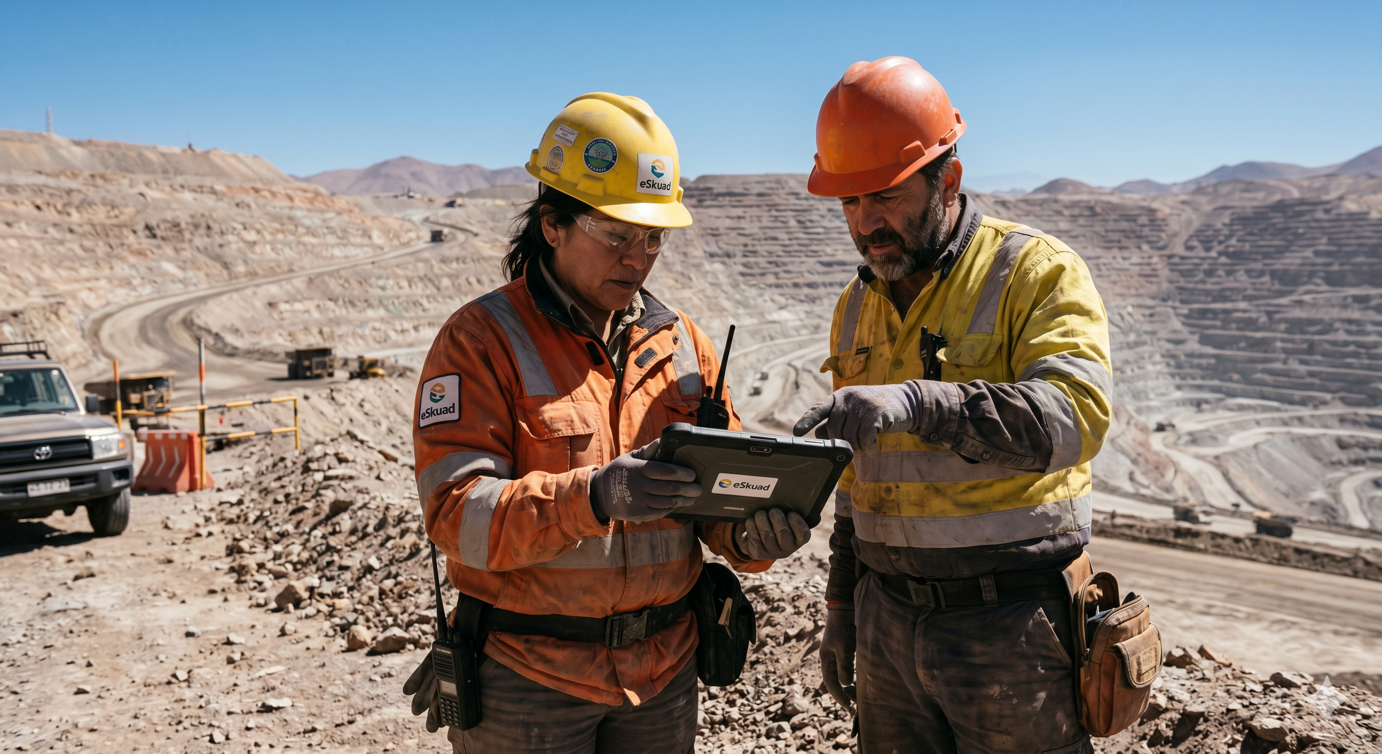 Dos inspectores mineros con EPP de alta visibilidad utilizan una tablet rugerizada para la captura de datos en terreno en una faena de cobre de altura en Atacama.