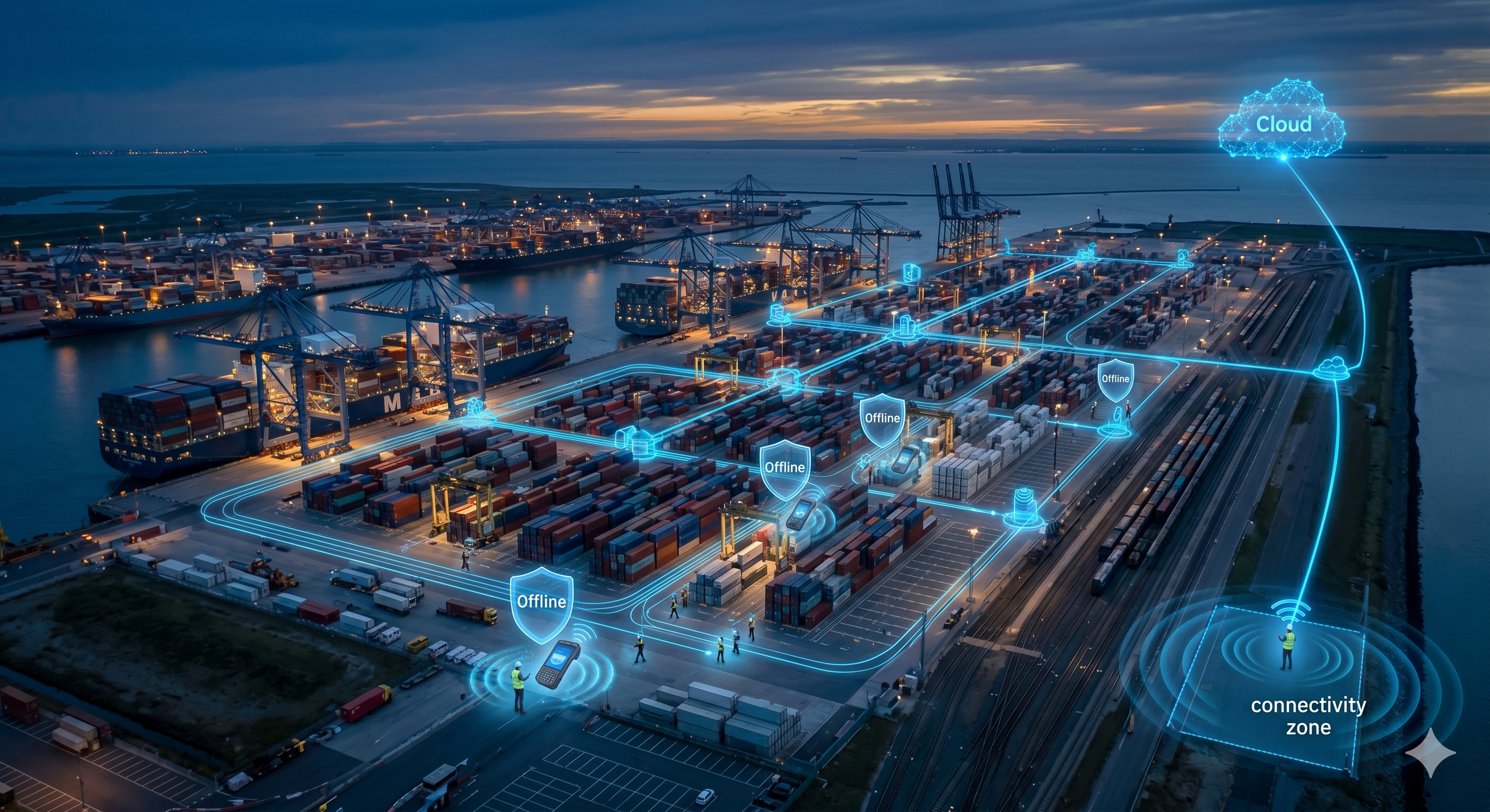 A technical visualization of eSkuad's MagikSync technology, showing data flowing from a remote, disconnected field site to a central corporate dashboard once connectivity is restored.
