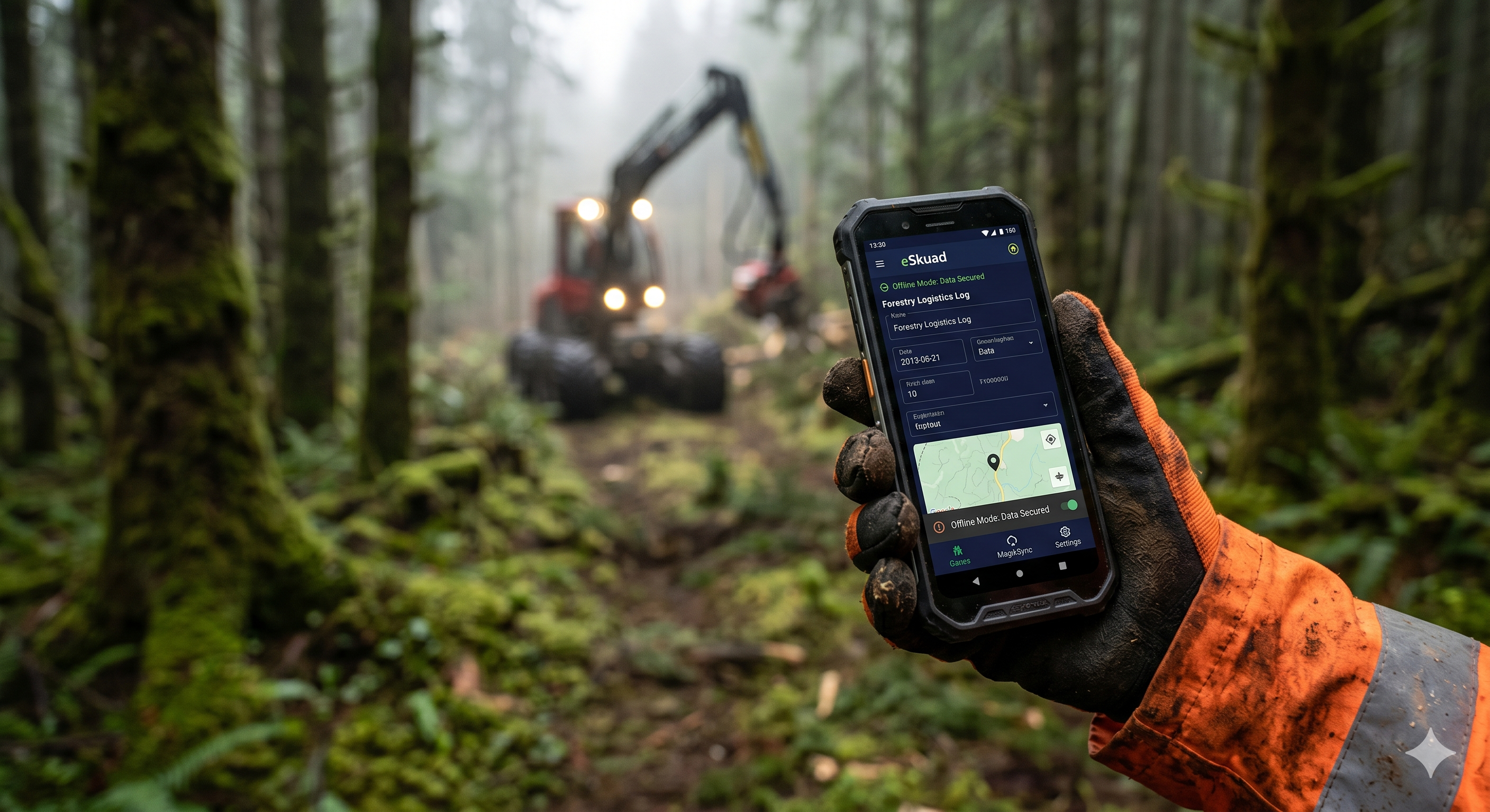 Close-up of eSkuad's offline-first interface being used for forestry logistics in a remote environment with no connectivity.