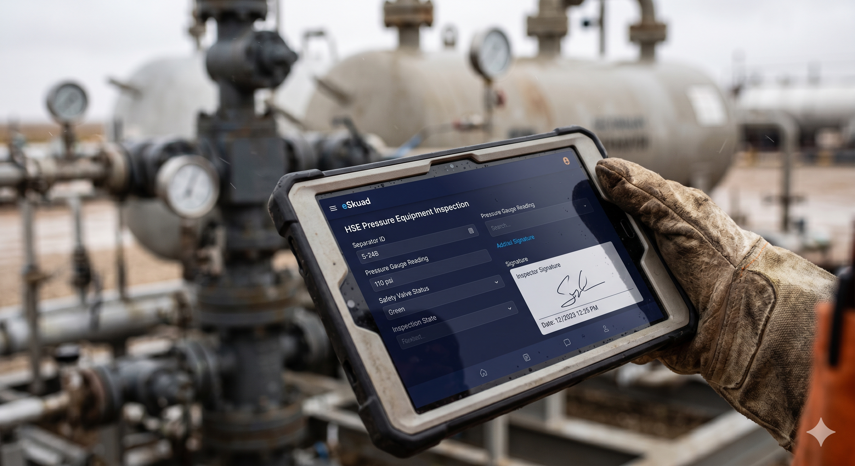 Primer plano de un inspector de terreno utilizando la plataforma offline-first de eSkuad para una auditoría de equipos de presión en un pozo remoto, asegurando el cumplimiento sin conectividad.