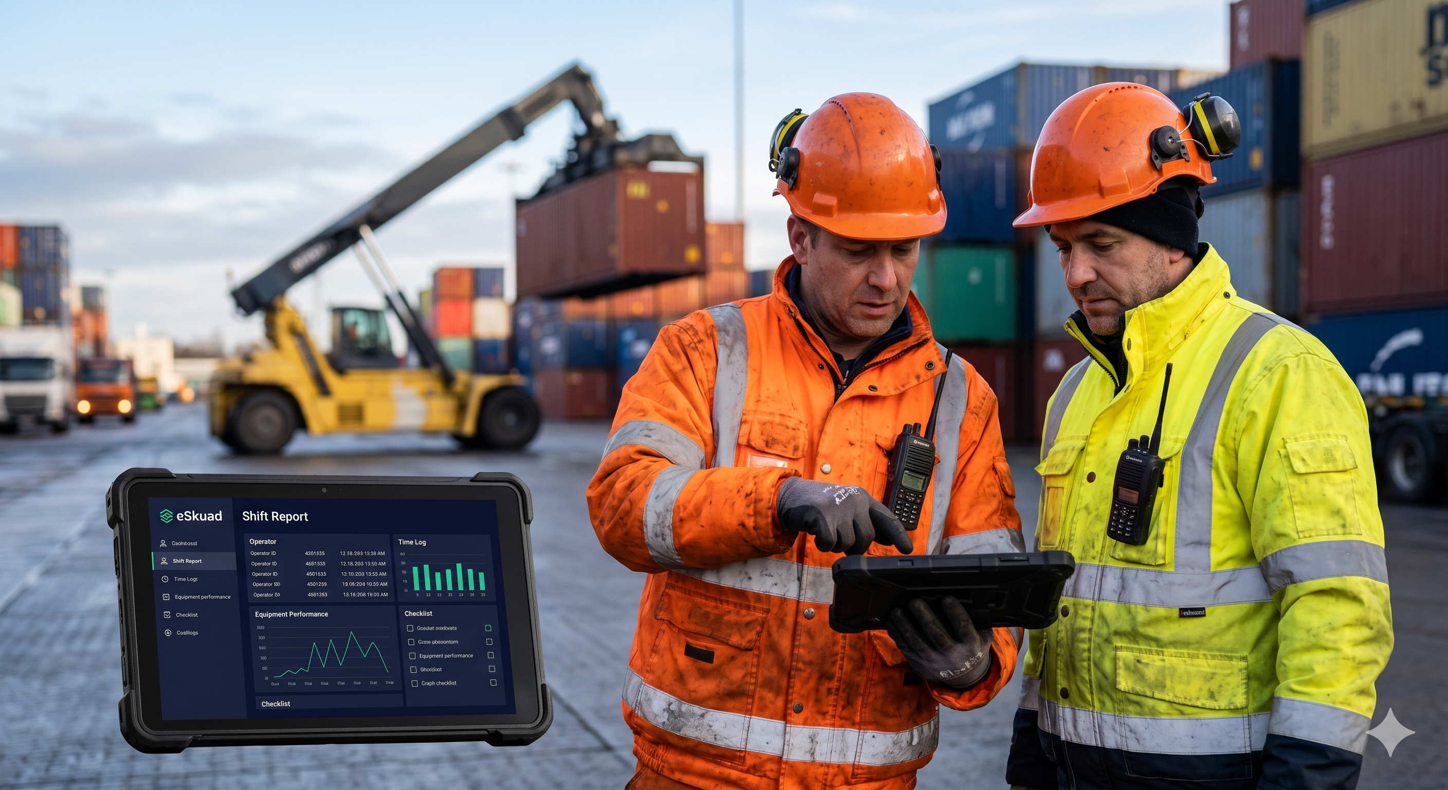 Dos operadores de terminal portuario utilizando eSkuad en una tablet rugerizada para completar un reporte de turno en patio, eliminando la transcripción manual de papel.