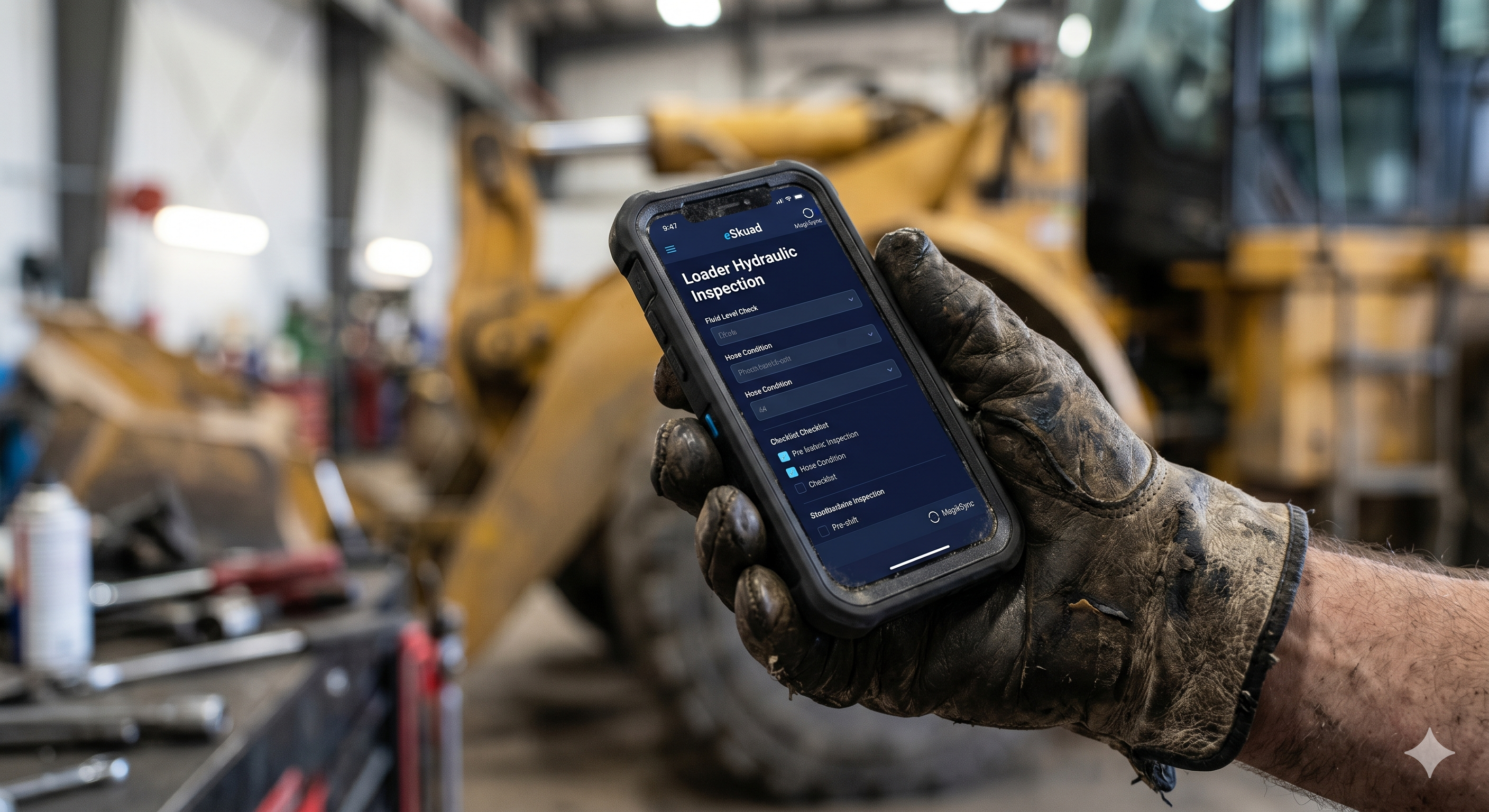 Primer plano de un dispositivo robusto sostenido por un operador en un taller de mantenimiento, mostrando un formulario de inspección minera de eSkuad que visualiza la captura de datos 'offline-first'