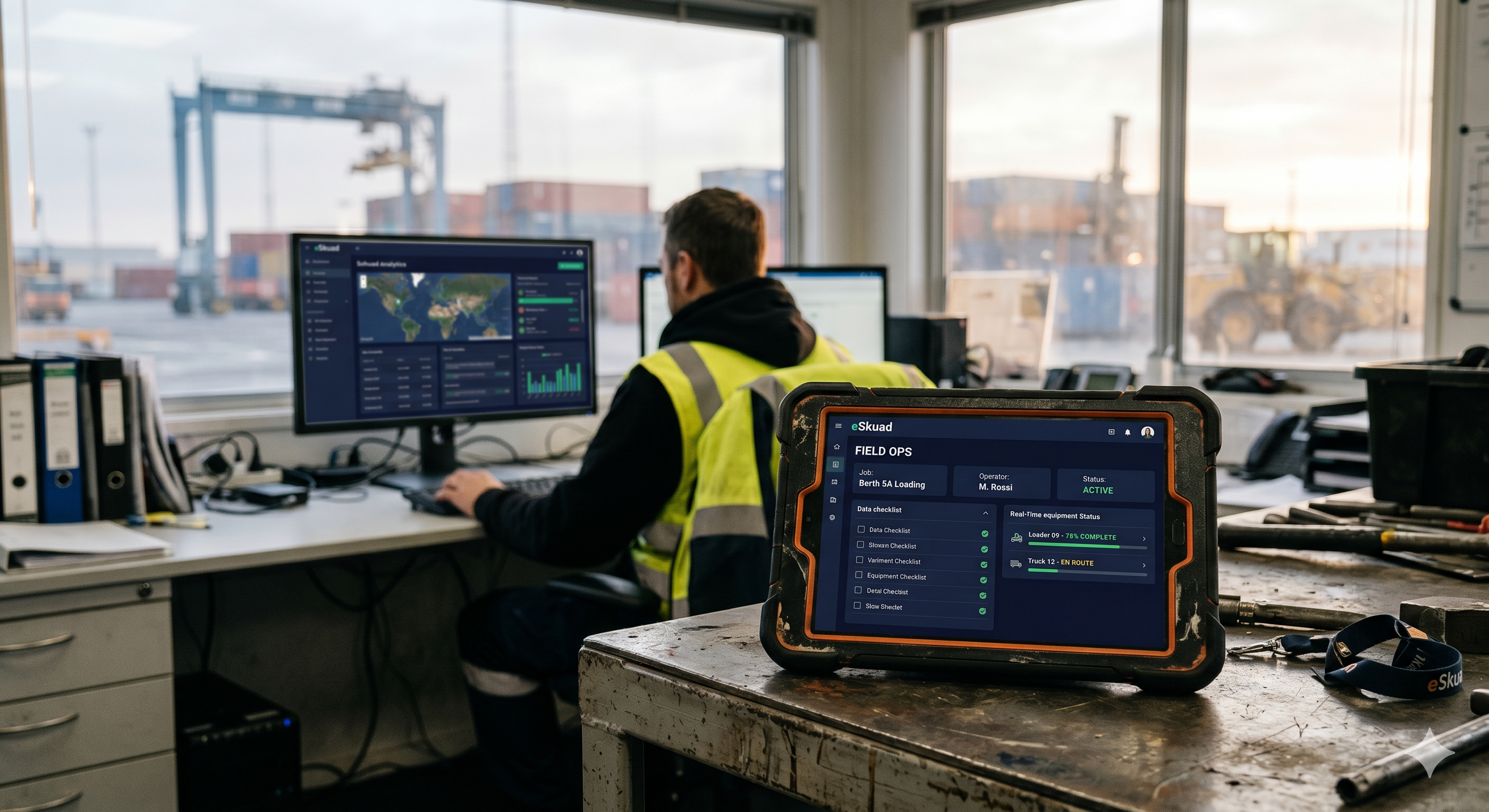 Una tablet acondicionada de terreno ejecutando eSkuad en primer plano, sincronizándose de forma transparente con un dashboard de gestión en tiempo real en un monitor al fondo.