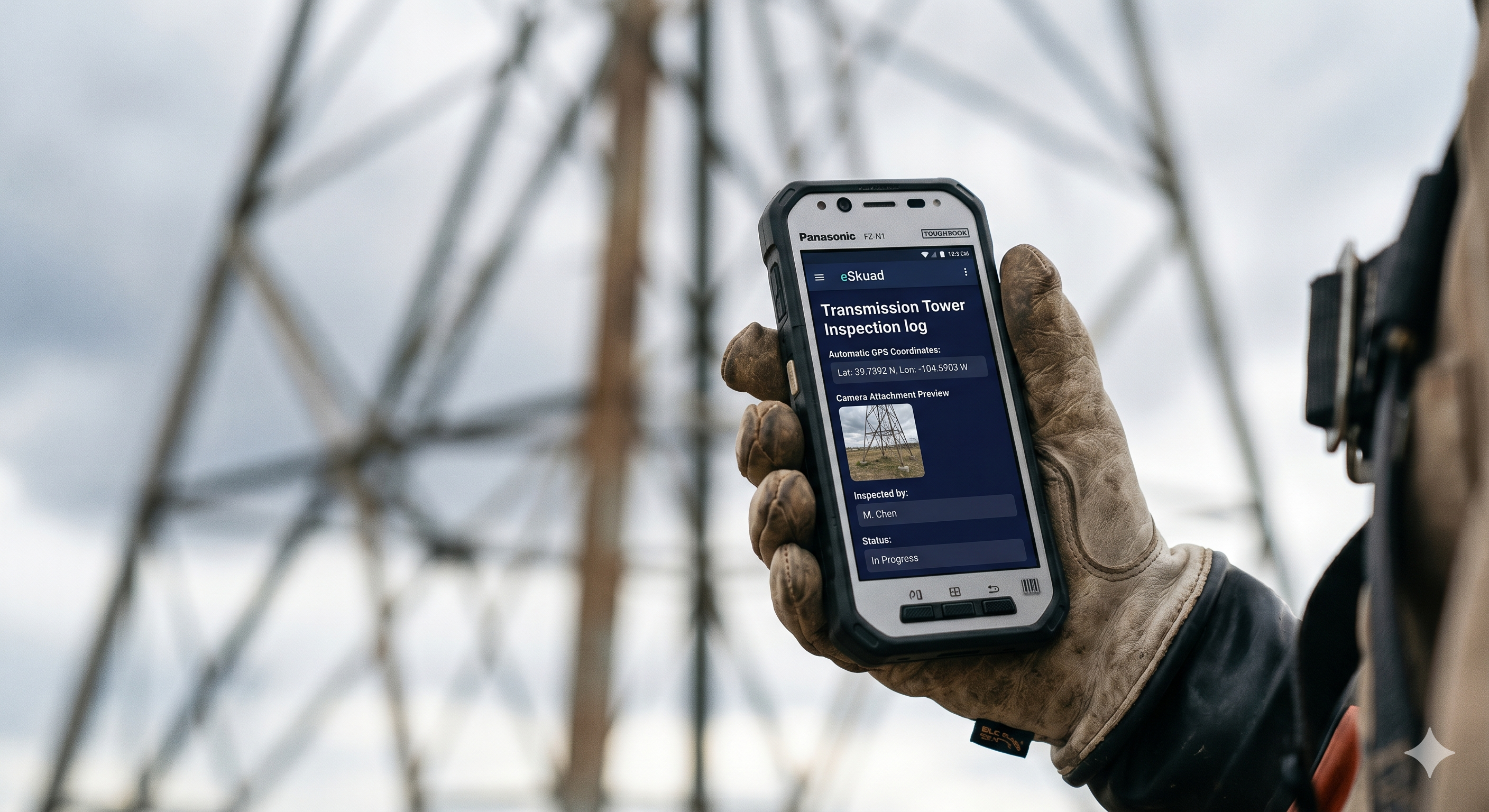 Primer plano de un técnico de servicios públicos con EPP utilizando la app offline-first de eSkuad para registrar la inspección de una línea de transmisión en un entorno peligroso.