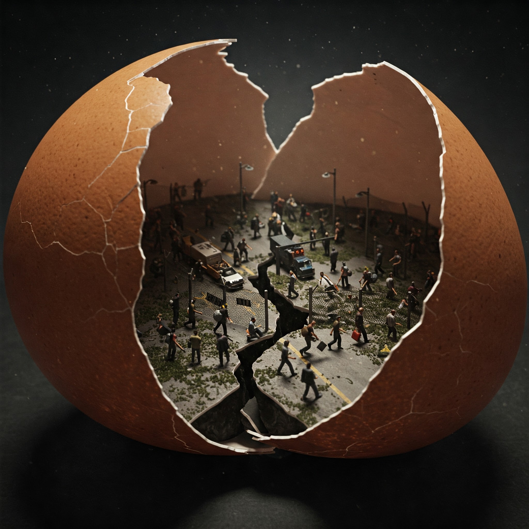It visually represents the "hidden dangers" and the "border security crisis" within the seemingly harmless egg.