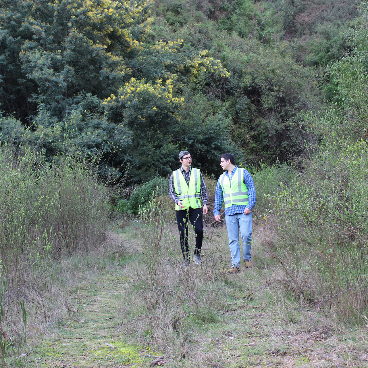 Two field workers with green vest