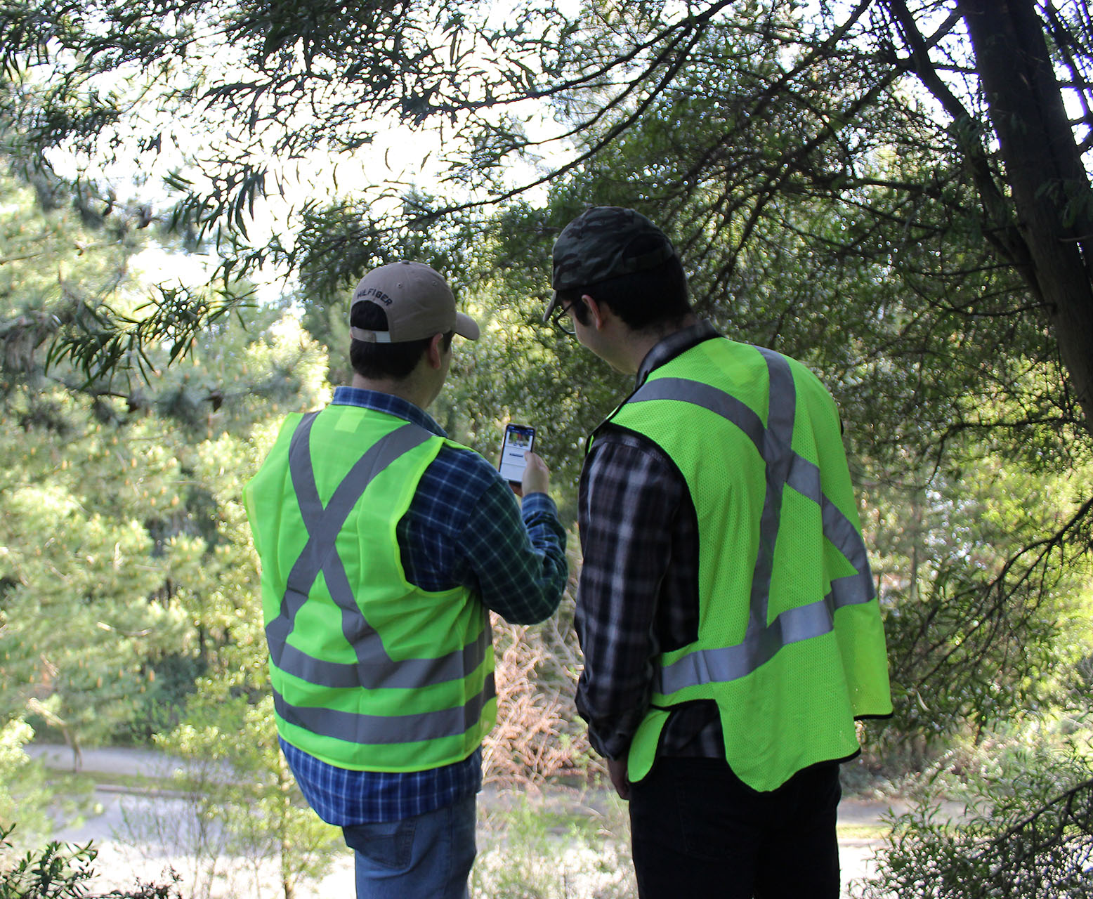 Two men wearing construction vests are  working in the field, using their phone.