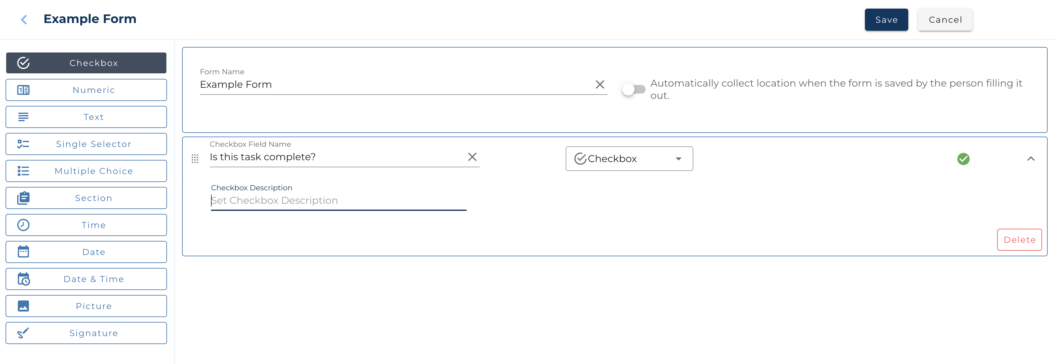 Checkbox field in form builder