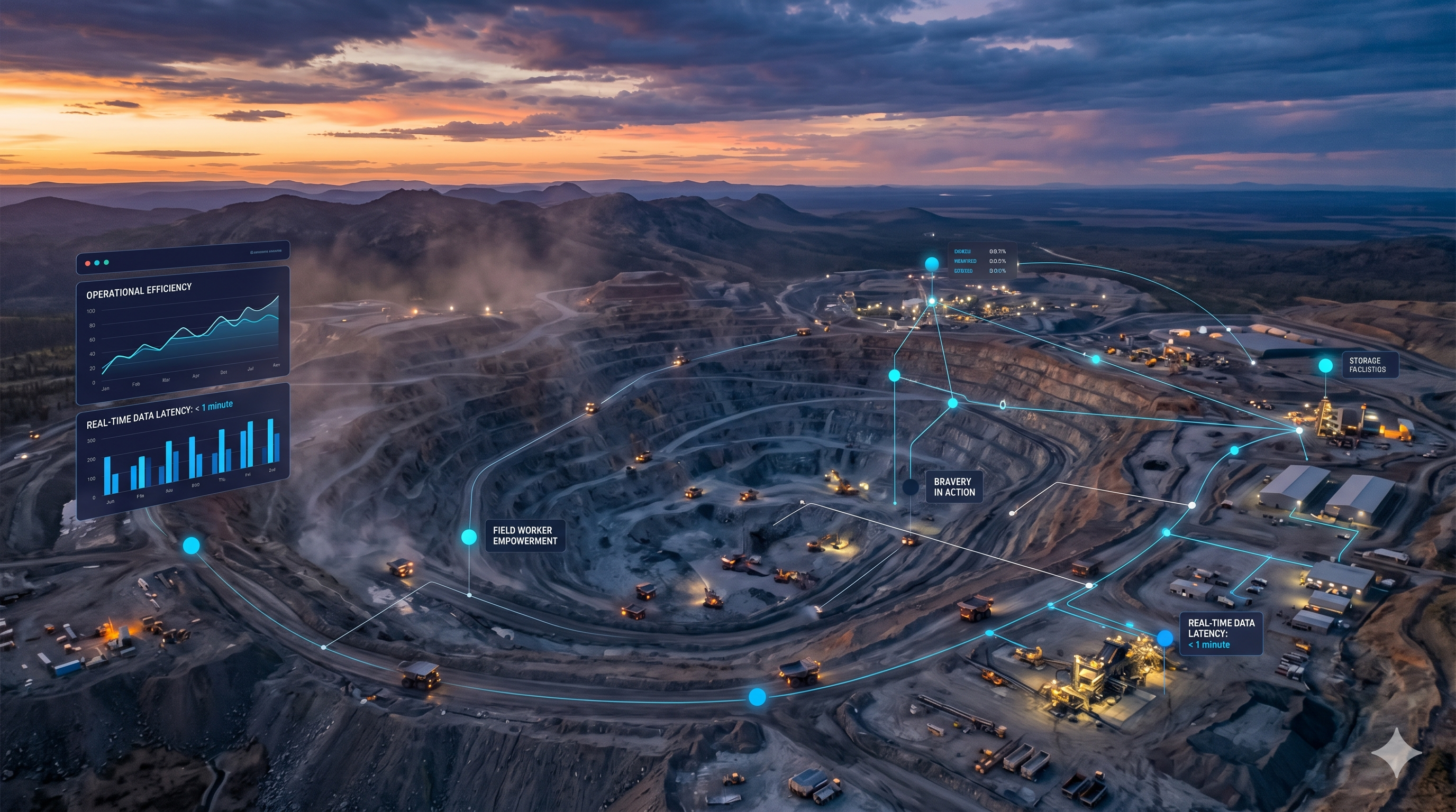A high-angle aerial view of a remote industrial mining site at dusk, featuring digital data overlays representing eSkuad’s real-time operational sync to cure Dashboard Delusion.