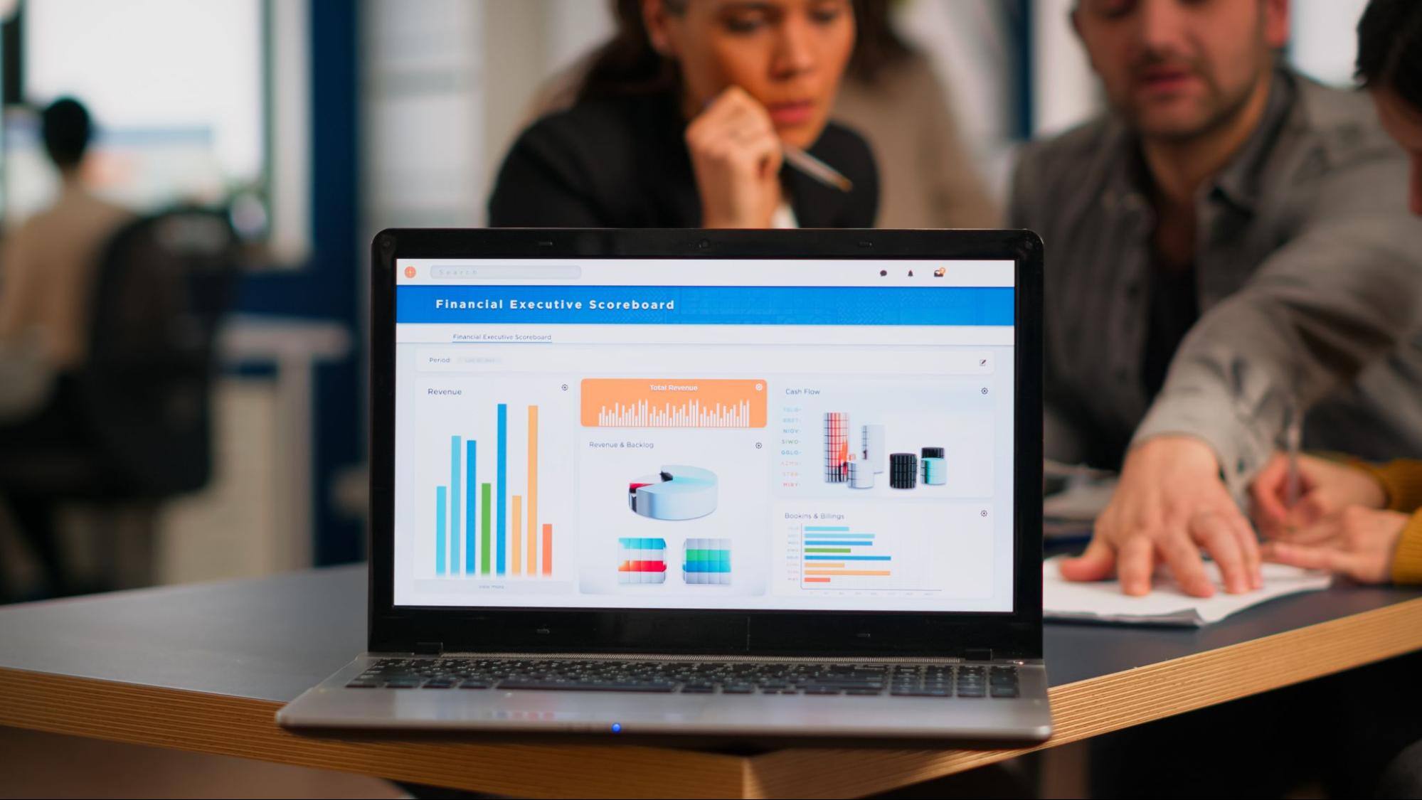 A laptop screen showing charts ready for presentation.