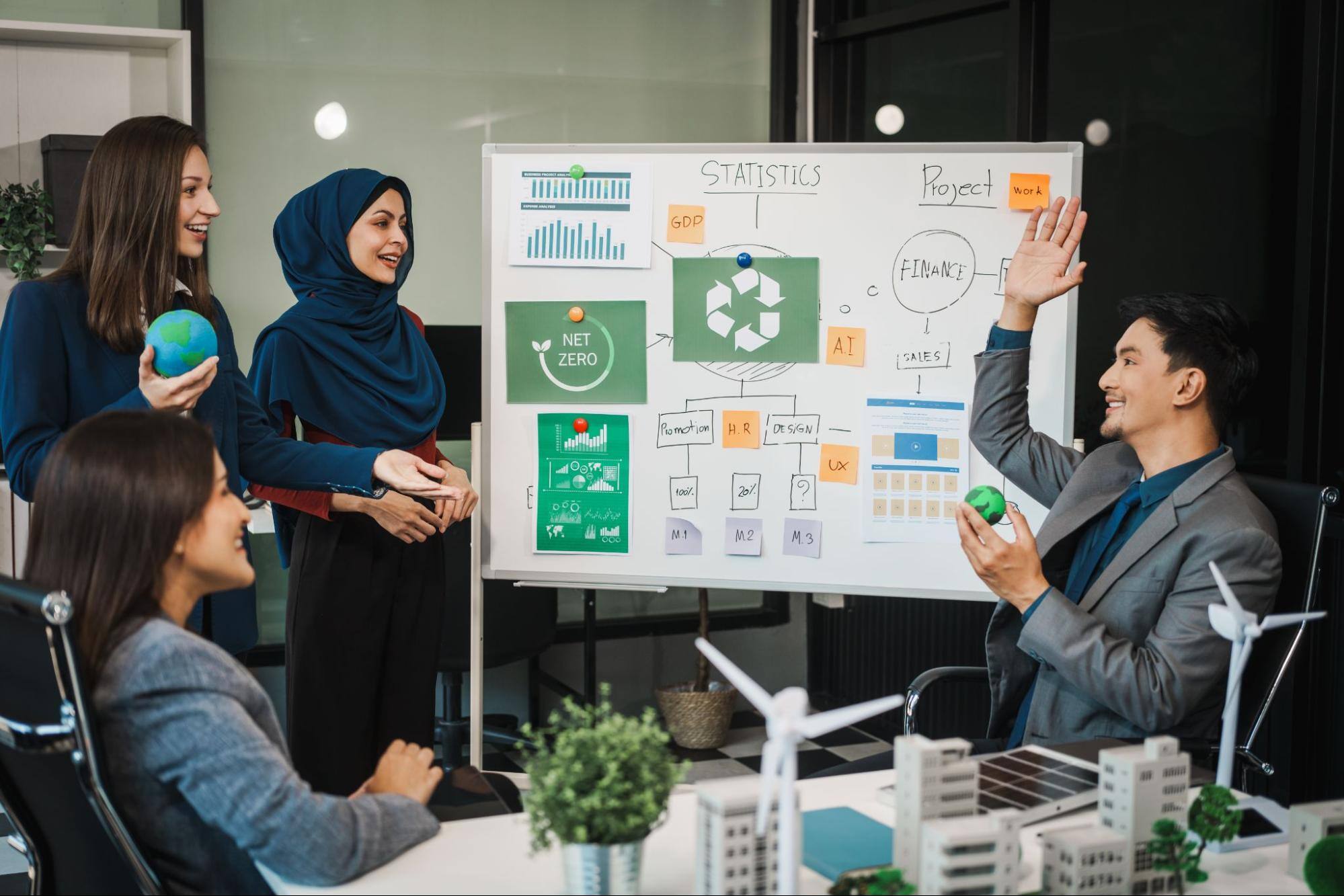 A diverse team discusses sustainable business operations while reviewing statistics on a whiteboard with the recycling symbol and graphs. A scale model is seen in the table in the foreground.