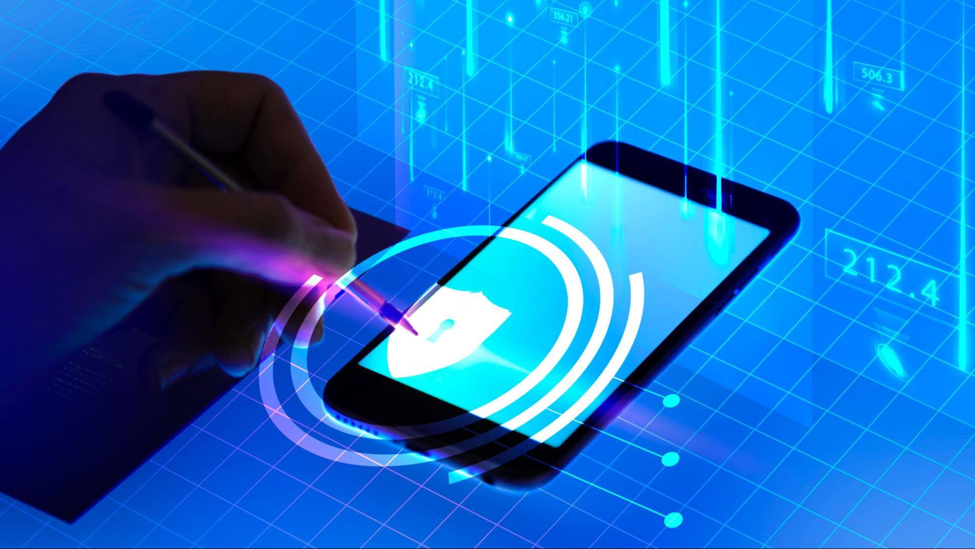  A male hand with a stylus points at a holographic lock projected on a smartphone over an illuminated blue table, symbolizing cybersecurity and data protection.