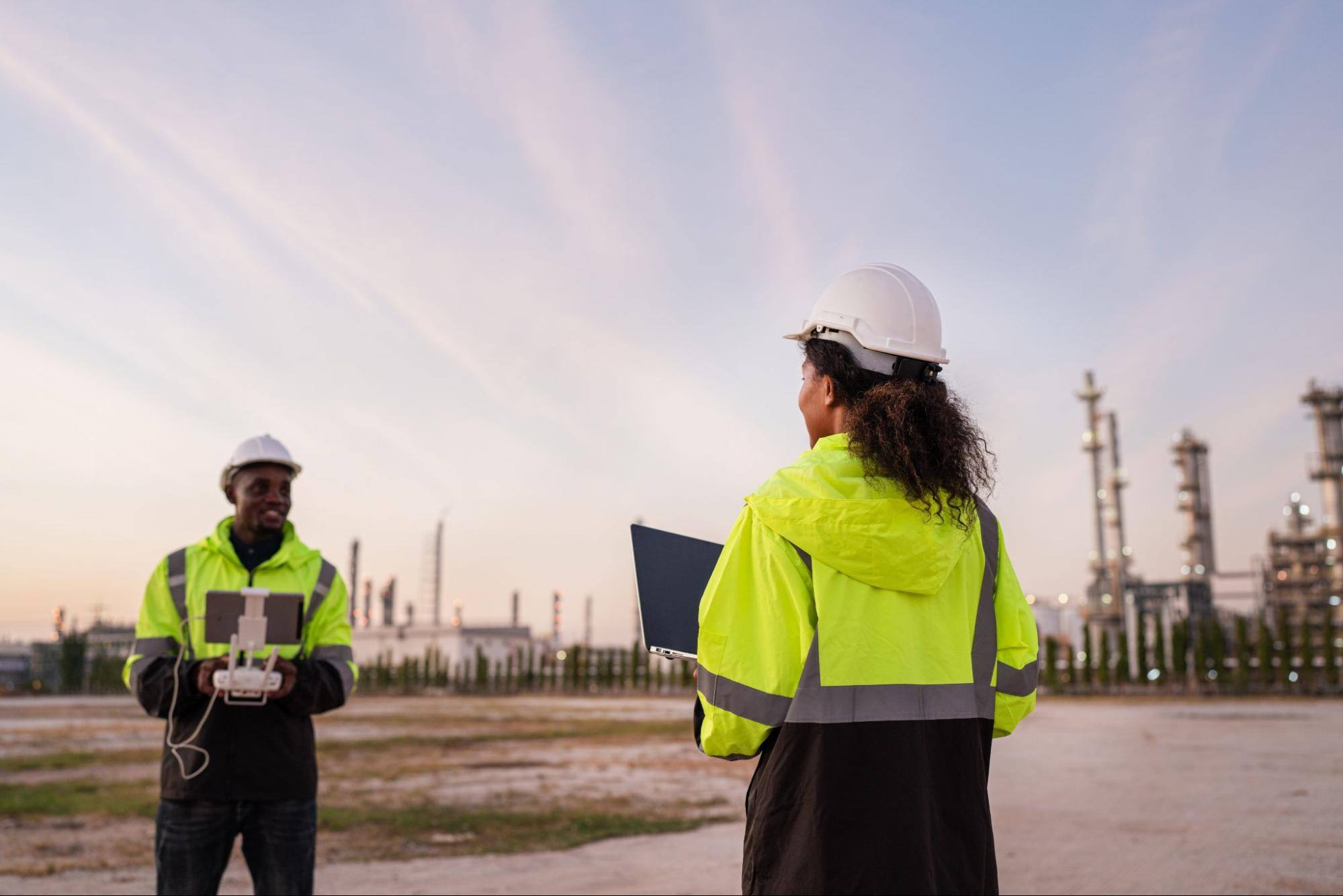 Man and a woman in hard hats and using computers.
