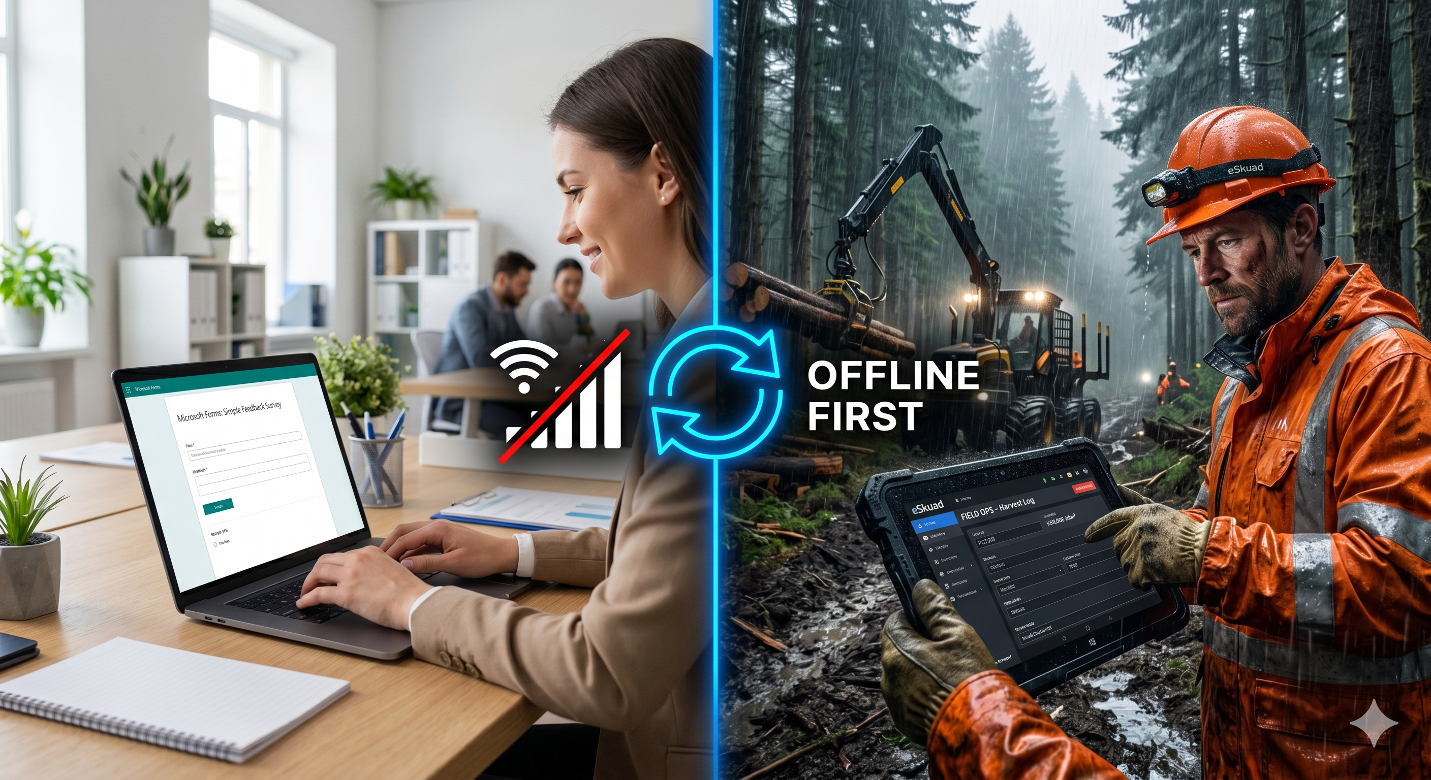 A split-screen comparison showing a clean office environment with Microsoft Forms on the left and a rugged, remote forestry site using eSkuad’s offline-first platform on the right.