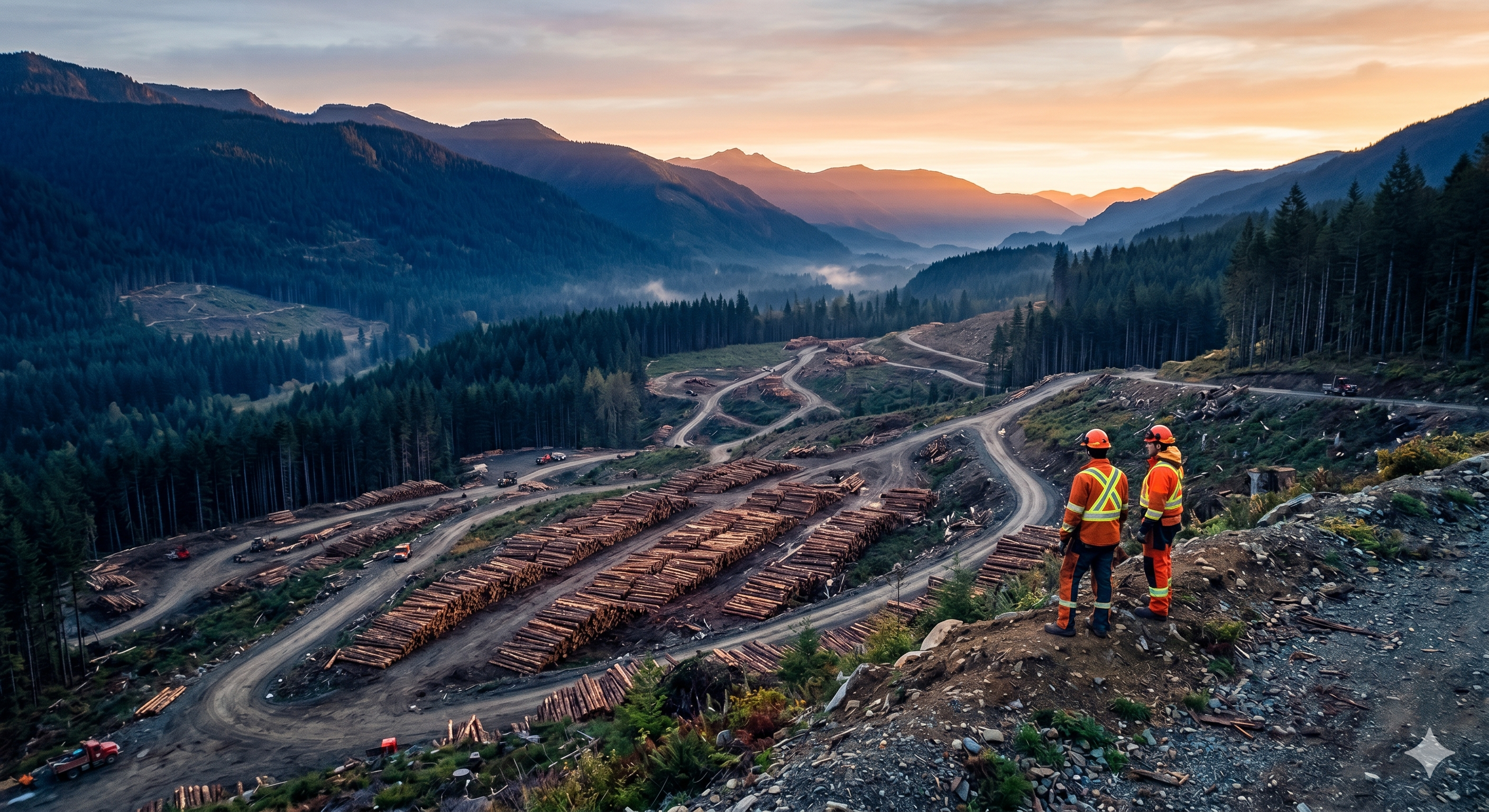 Two forestry workers in high-visibility safety gear stand on a ridge, overseeing a massive logging operation and log piles in a mountain valley at sunrise, symbolizing eSkuad's 'First Mile' field oversight